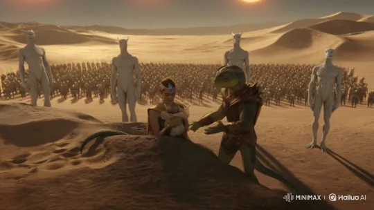 Royal Reptilian Family Kiss in Galactic Desert Village – AI Generated Video | Hailuo AI