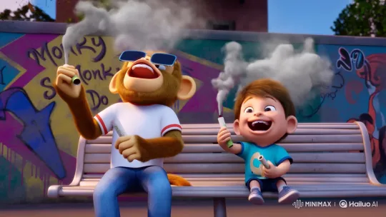 Monkey and Human Laughing on Park Bench – AI Generated Video | Hailuo AI