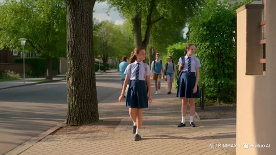 Young Girls Meet on Sunny School Route – AI Generated Video | Hailuo AI