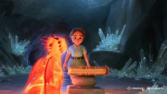 Young Girl and Dragon Discover a Magical Book in a Crystal Cave – AI Generated Video | Hailuo AI