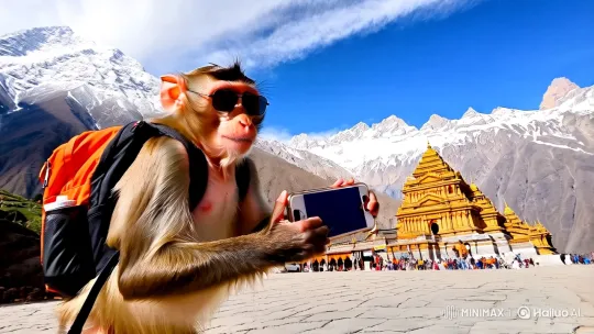 Monkey Vlogs at Kedarnath Temple with Backpack – AI Generated Video | Hailuo AI