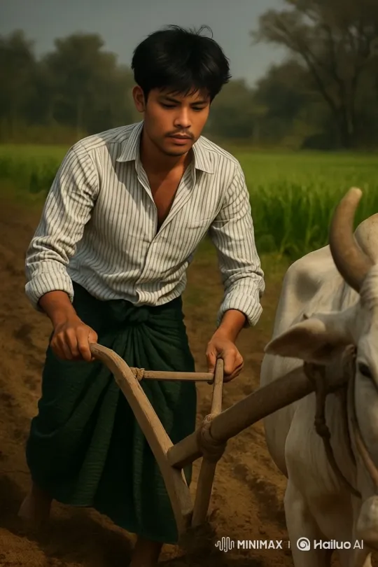 Young Farmer Plowing Field with Oxen – AI Generated Video | Hailuo AI