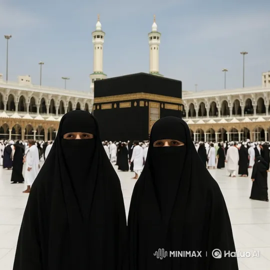 Two Veiled Women Walk Around a Central Building in a Courtyard – AI Generated Video | Hailuo AI