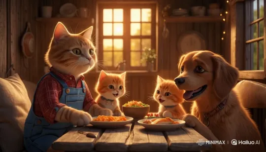 Anthropomorphic Family Enjoying Meal in Cozy Cabin – AI Generated Video | Hailuo AI
