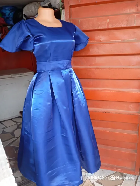 Royal Blue Satin Dress with Puffed Sleeves and Full Skirt – AI Generated Video | Hailuo AI