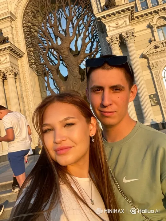 Young Family Embraces Under Evening Lights – AI Generated Video | Hailuo AI