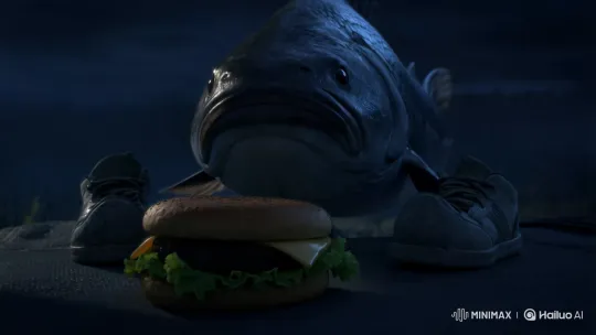 Legendary Fish in Shoes Eats Hamburger at Night – AI Generated Video | Hailuo AI