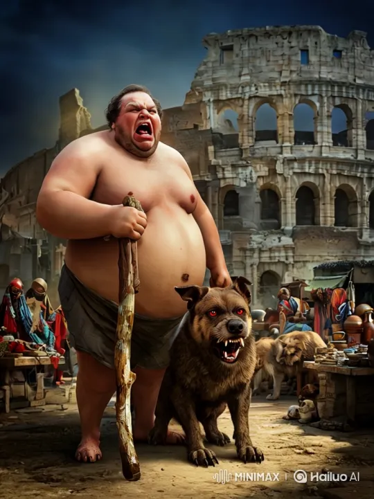 Large Man and His Menacing Dog Walk Through Ancient Marketplace – AI Generated Video | Hailuo AI