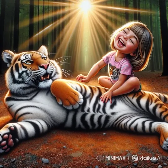 Girl Laughs, Tiger Relaxes in Sunlit Forest – AI Generated Video | Hailuo AI