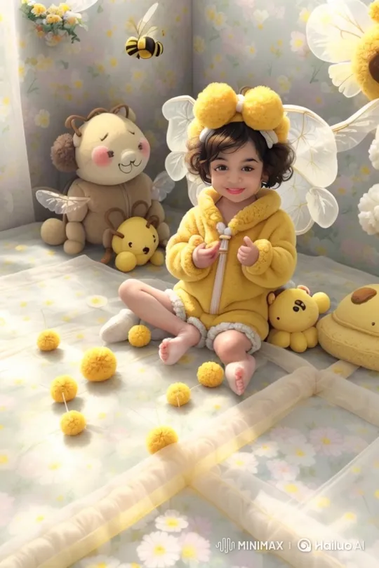 Young Girl in Bee Costume Plays with Pom-Poms – AI Generated Video | Hailuo AI