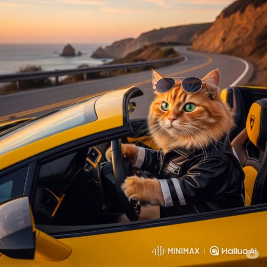 Orange Cat Cruises in Convertible at Sunset – AI Generated Video | Hailuo AI