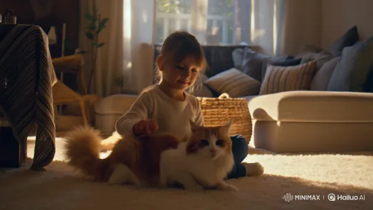 Child and Cat Bonding in Cozy Living Room – AI Generated Video | Hailuo AI