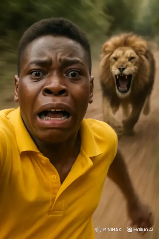 Provoking a Lion to Chase: A Dangerous Gamble – AI Generated Video | Hailuo AI
