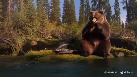 Bear Fishing and Grilling by a Tranquil River – AI Generated Video | Hailuo AI
