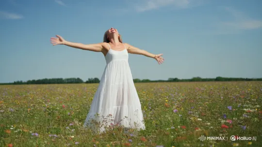 Joyful Woman Spins in Flower Field – AI Generated Video | Hailuo AI