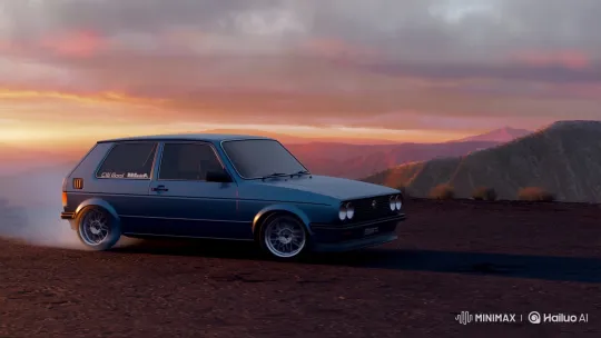 Shadow Blue Citi Golf Mark 1 Drifts on Mountain at Sunset – AI Generated Video | Hailuo AI