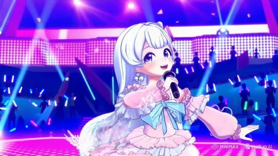 Cute Anime Idol Delivers Energetic Performance in Futuristic Arena – AI Generated Video | Hailuo AI