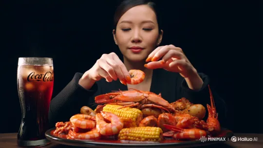 Lady Savors Seafood with Diet Coke Against Black Background – AI Generated Video | Hailuo AI