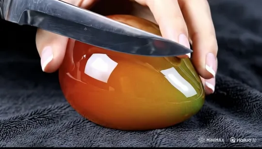 Glass Mango Sliced with Sharp Knife – AI Generated Video | Hailuo AI