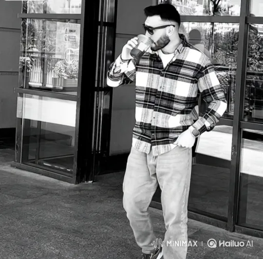 Man Sips Drink, Reflects in Modern Building Setting – AI Generated Video | Hailuo AI