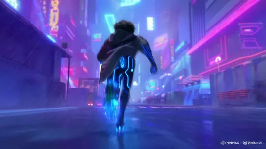 Cyberpunk Anime Boy Speeds Through Neon City Skyward – AI Generated Video | Hailuo AI