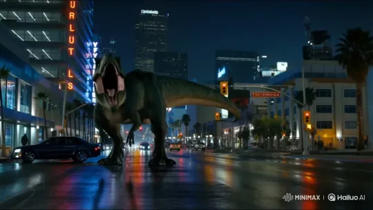 Transformer Battles Tyrannosaurus to Protect Car in L.A. – AI Generated Video | Hailuo AI