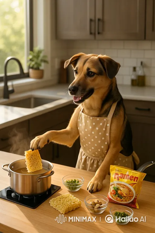 Dog Cooks Ramen with Ingredients Using Paws – AI Generated Video | Hailuo AI