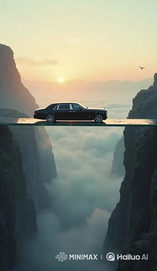 Rolls-Royce Escapes Falling Glass Bridge in Thrilling Scene – AI Generated Video | Hailuo AI