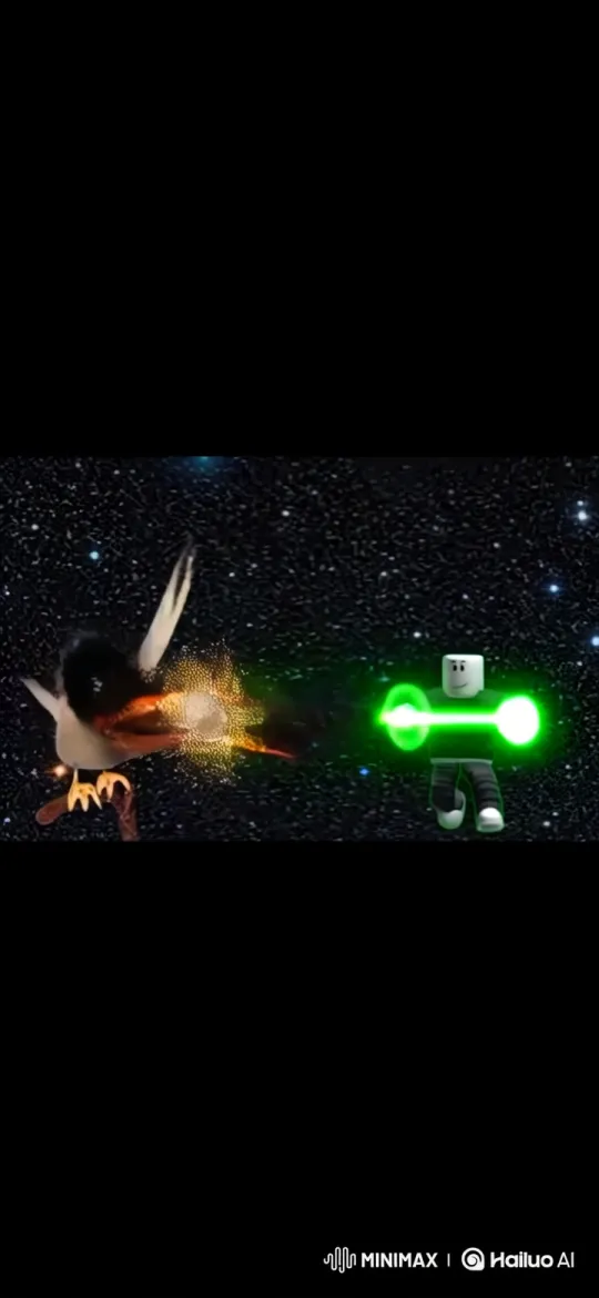 Space Battle: Blocky Figure vs. Fiery Bird Over Cosmic Landmarks – AI Generated Video | Hailuo AI