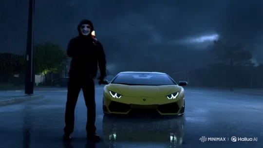 Masked Man Throws Molotov at Lamborghini in Stormy Dusk – AI Generated Video | Hailuo AI