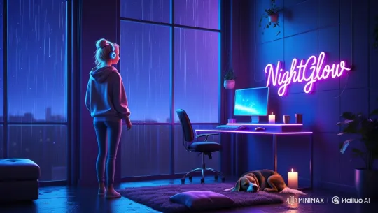 NightGlow: A Woman Contemplates in a Neon-Lit Room – AI Generated Video | Hailuo AI