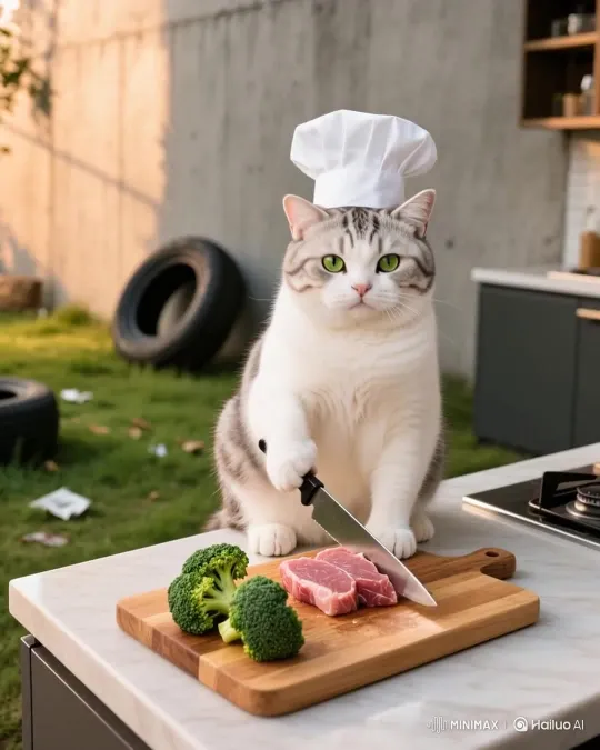 White Cat 'Cutie' Prepares Meat and Broccoli Dish – AI Generated Video | Hailuo AI