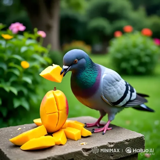 Pigeon Enjoying a Feast of Mango in a Garden – AI Generated Video | Hailuo AI
