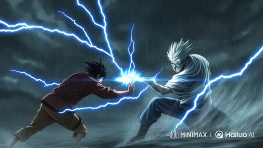 Epic Duel: Black-Haired Fighter vs. White-Haired Warrior – AI Generated Video | Hailuo AI