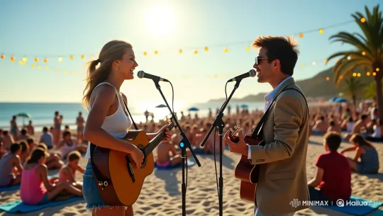 Acoustic Duo Performs on Beach as Sunset Audience Enjoys – AI Generated Video | Hailuo AI
