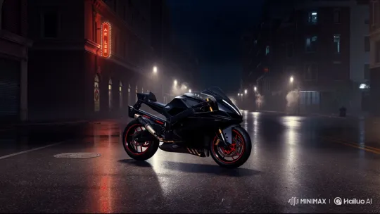 Sleek Motorcycle Transforms into Compact Plane on Wet City Street – AI Generated Video | Hailuo AI
