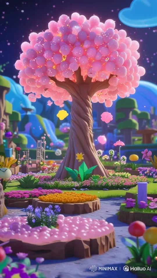 Magical Candy Blossom Garden at Night – AI Generated Video | Hailuo AI