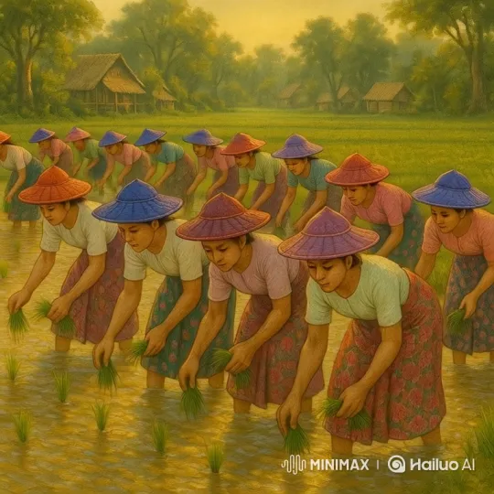 Rural Women Planting Rice at Dawn in Serene Landscape – AI Generated Video | Hailuo AI
