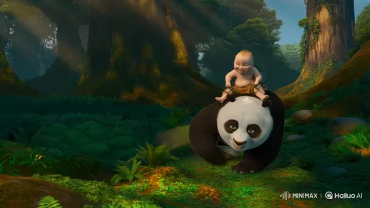 Baby Laughs on Giant Panda's Back in Lush Forest – AI Generated Video | Hailuo AI