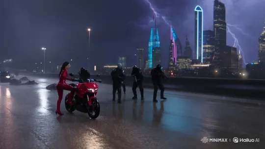 Fearless Woman Empowers, Escapes on Motorcycle at Dawn – AI Generated Video | Hailuo AI