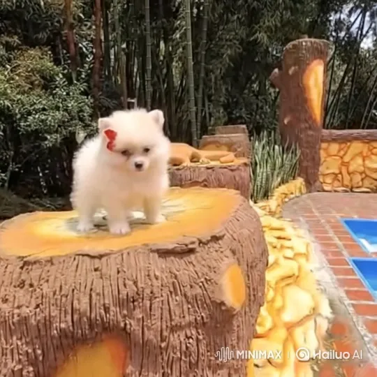 Fluffy Pomeranian Puppy Joyfully Runs on Tree Stump – AI Generated Video | Hailuo AI