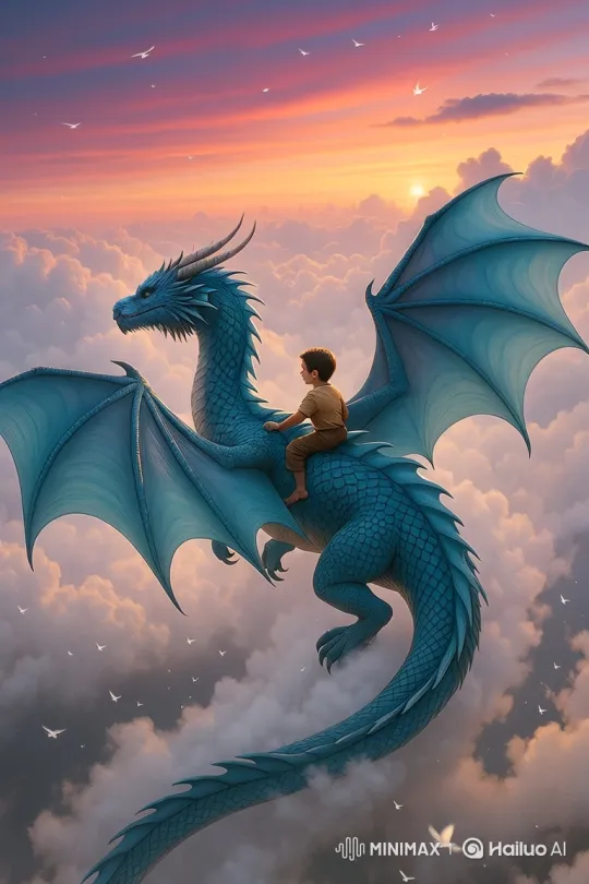 Boy and Dragon Soar Through Sunset Sky – AI Generated Video | Hailuo AI