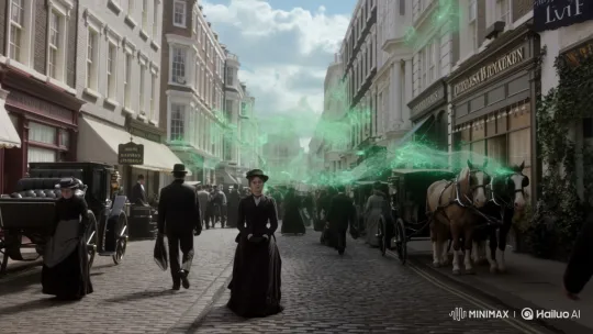 Victorian Woman Unnerved by Ghostly Glows on 1899 London Street – AI Generated Video | Hailuo AI