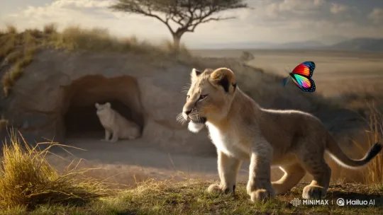 Lion Cub's Playful Chase Leads to Lost and Found Adventure – AI Generated Video | Hailuo AI