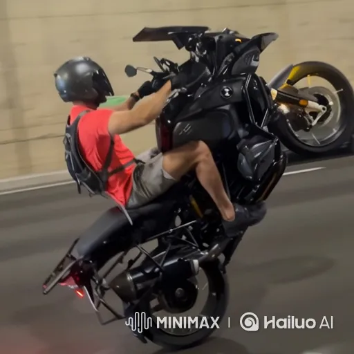 Motorcyclist Performs Wheelie, Sparks Fly in Tunnel – AI Generated Video | Hailuo AI