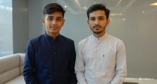 Two Stylish Friends Pose with Warm Smiles – AI Generated Video | Hailuo AI