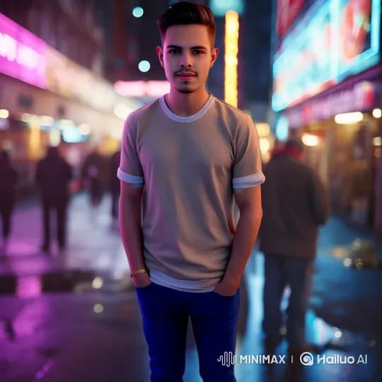 Young Man Reflects on Bustling City Street at Night – AI Generated Video | Hailuo AI
