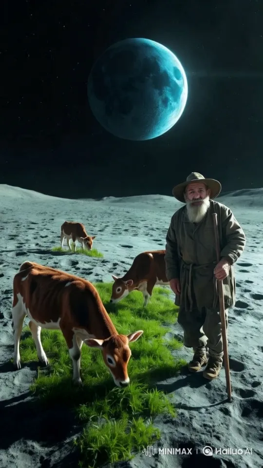 Pastoral Calves Grazing Under Alien Moon – AI Generated Video | Hailuo AI