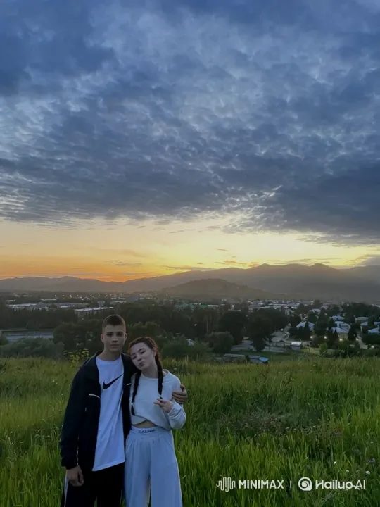 Young Couple and Toddler Embrace on Hill at Dusk – AI Generated Video | Hailuo AI