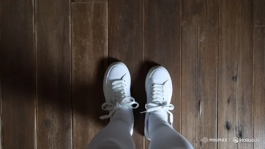 Steady POV of Feet on Weathered Wooden Floor – AI Generated Video | Hailuo AI